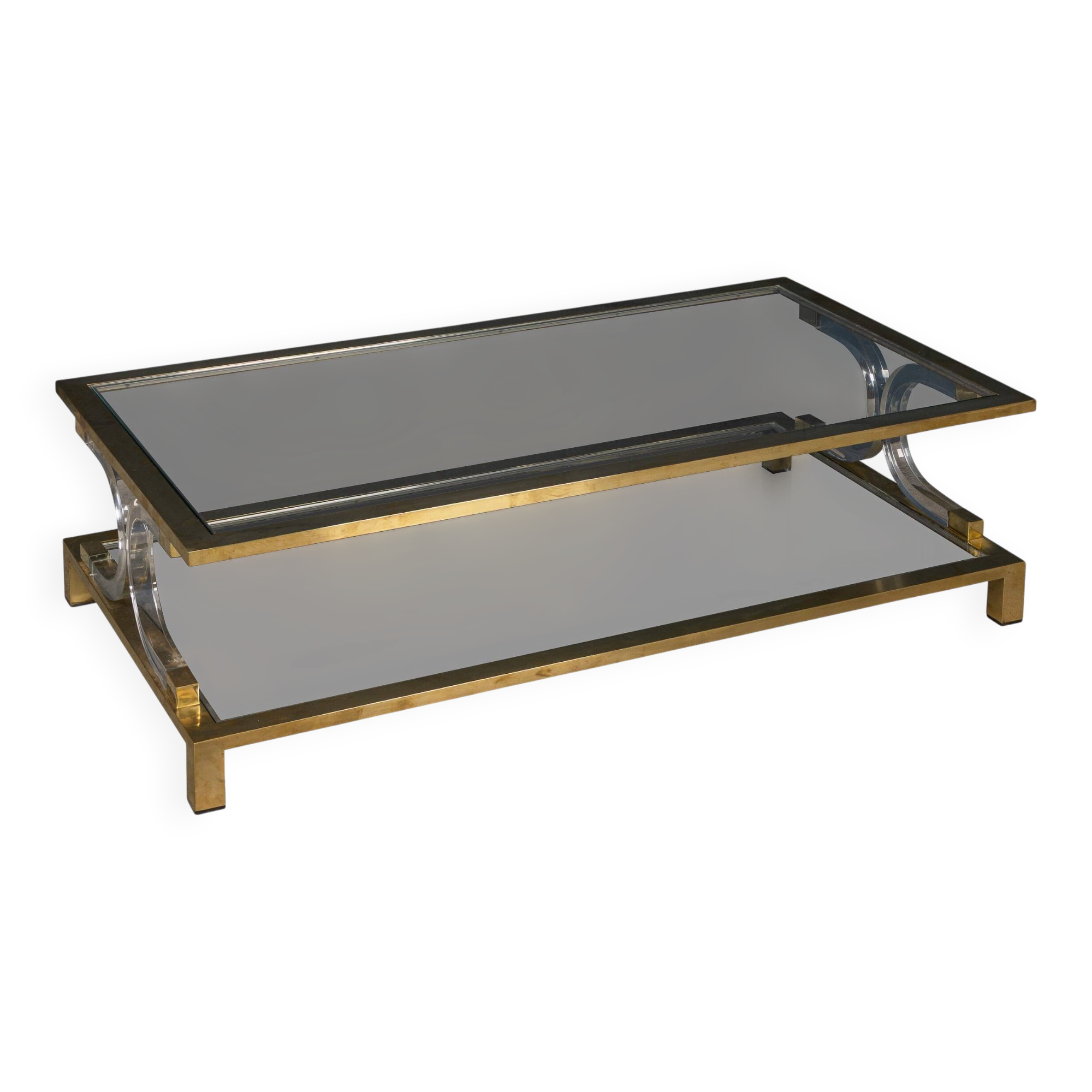 Table basse en verre, laiton et Perspex de style Hollywood Regency italien des années 1980.