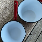 Enamelled metal pans decoration polka dots red white