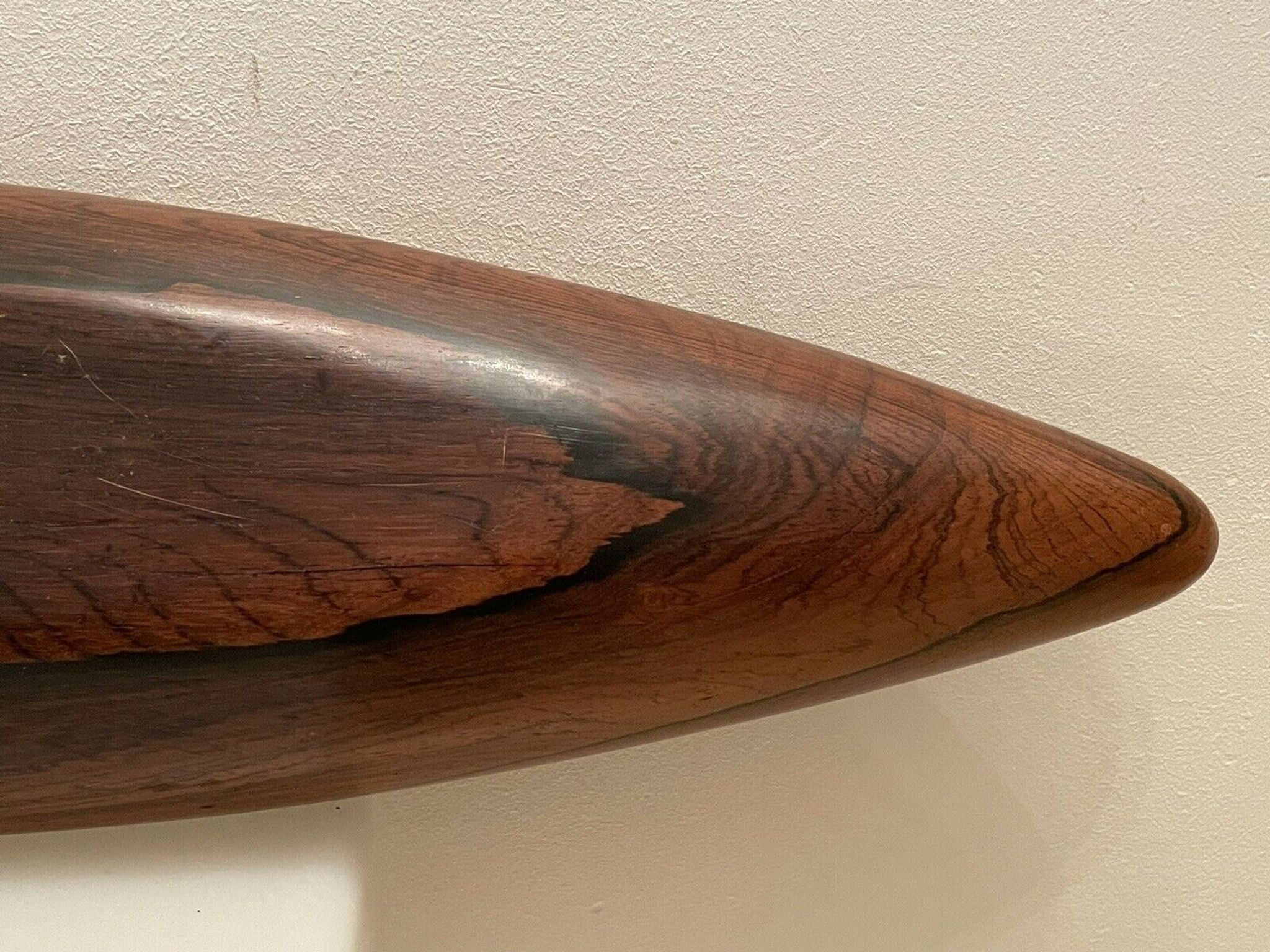 Centerpiece, canoe, wood art, jean gillon, jacaranda, vintage 70