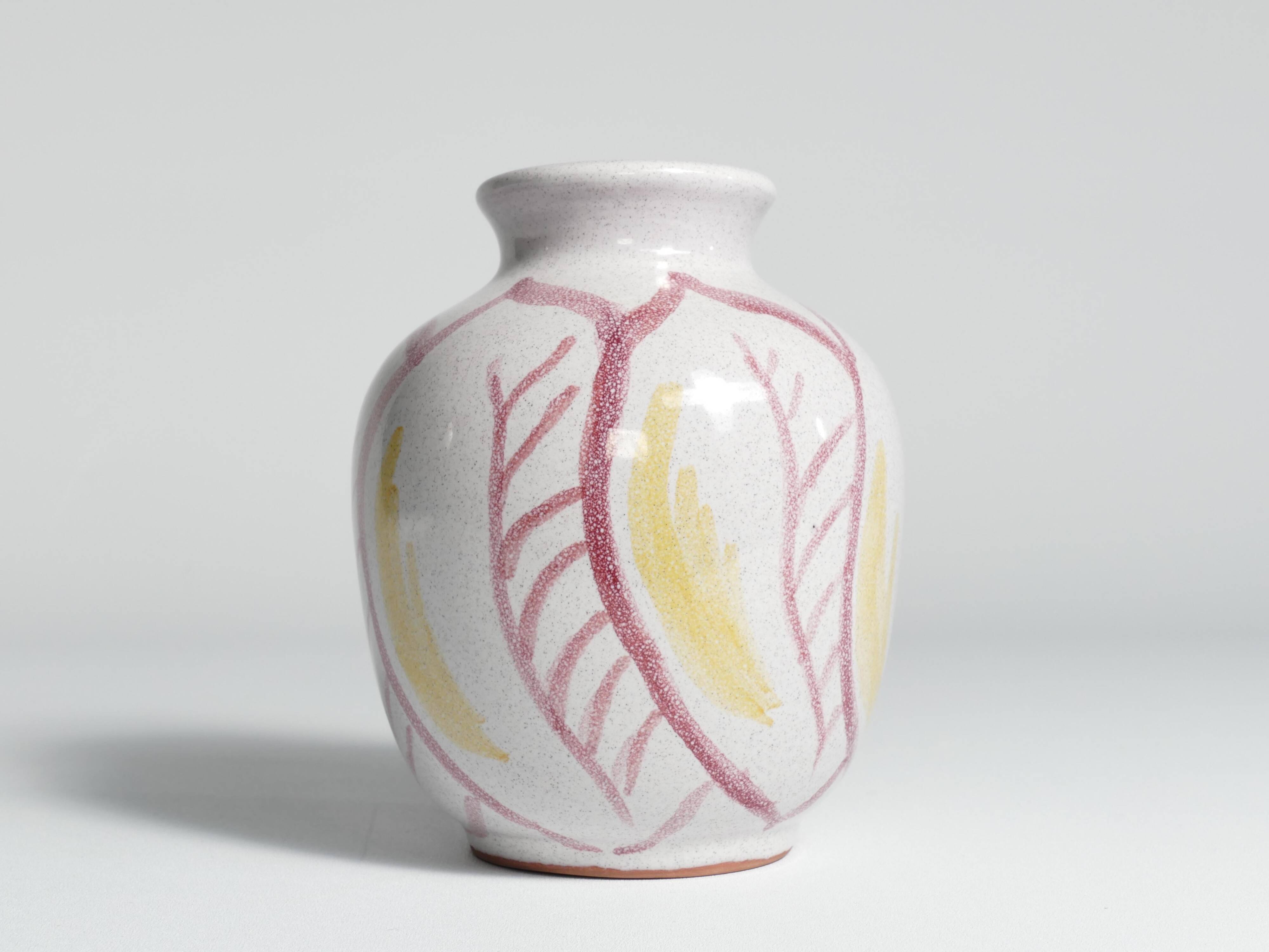 Scandinavian Modern Ceramic Vase with Red & Yellow Leaves, Alingsås Keramik 1947