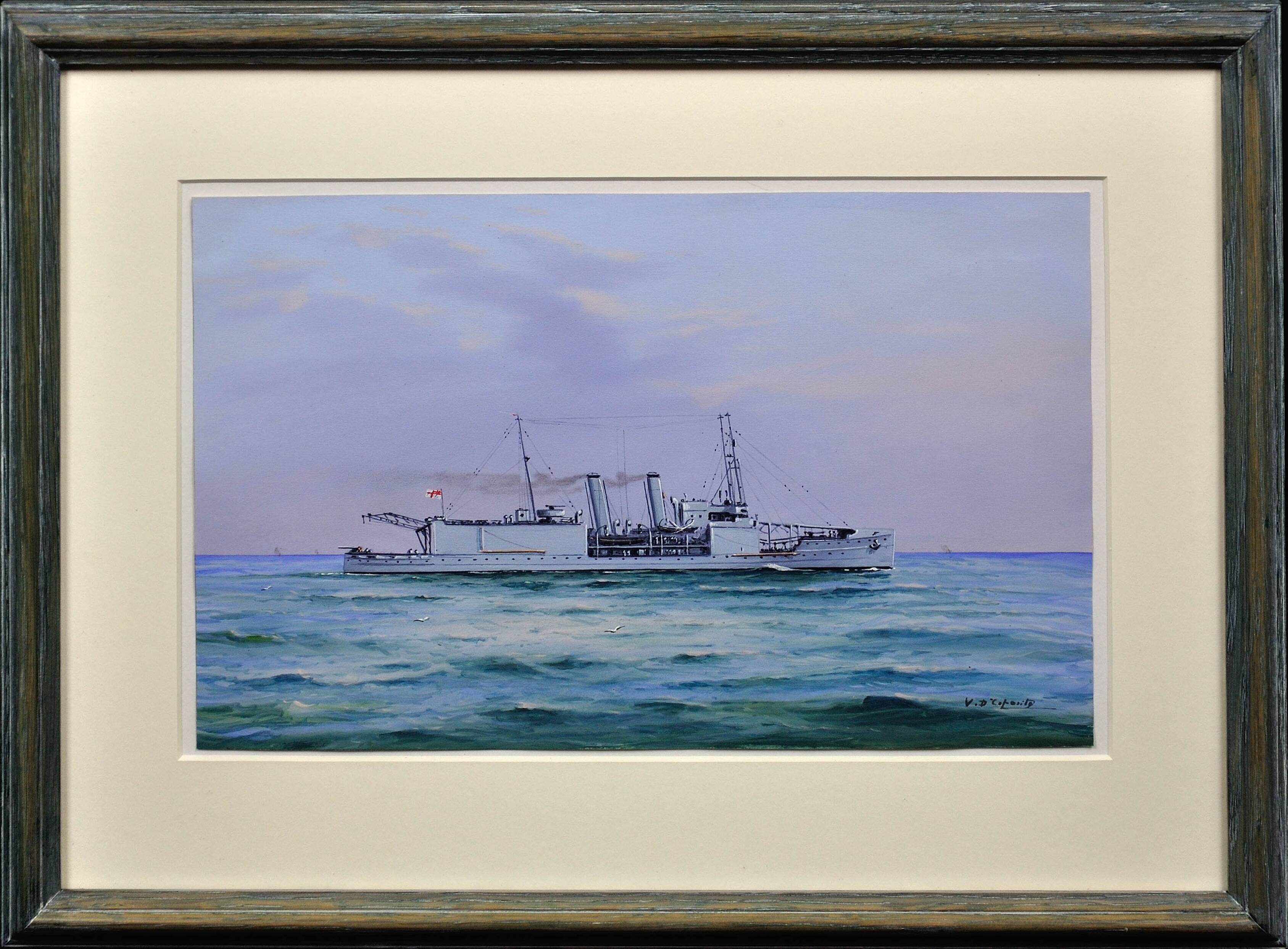 Vincenzo D’esposito 1886-1946. HMS Nairana Royal Navy Seaplane Carrier. Framed Gouache.