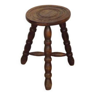 Vintage French Hand Made Wood Milking Stool 3 Spindle Legs Round Seat 5445