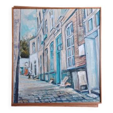 Signed painting depicting a courtyard in old Lille