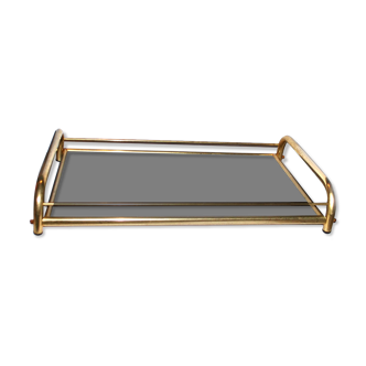 Vintage tray 1960-1970 in gilded brass and mahogany melamine wood BAR BISTROT 58x35cm