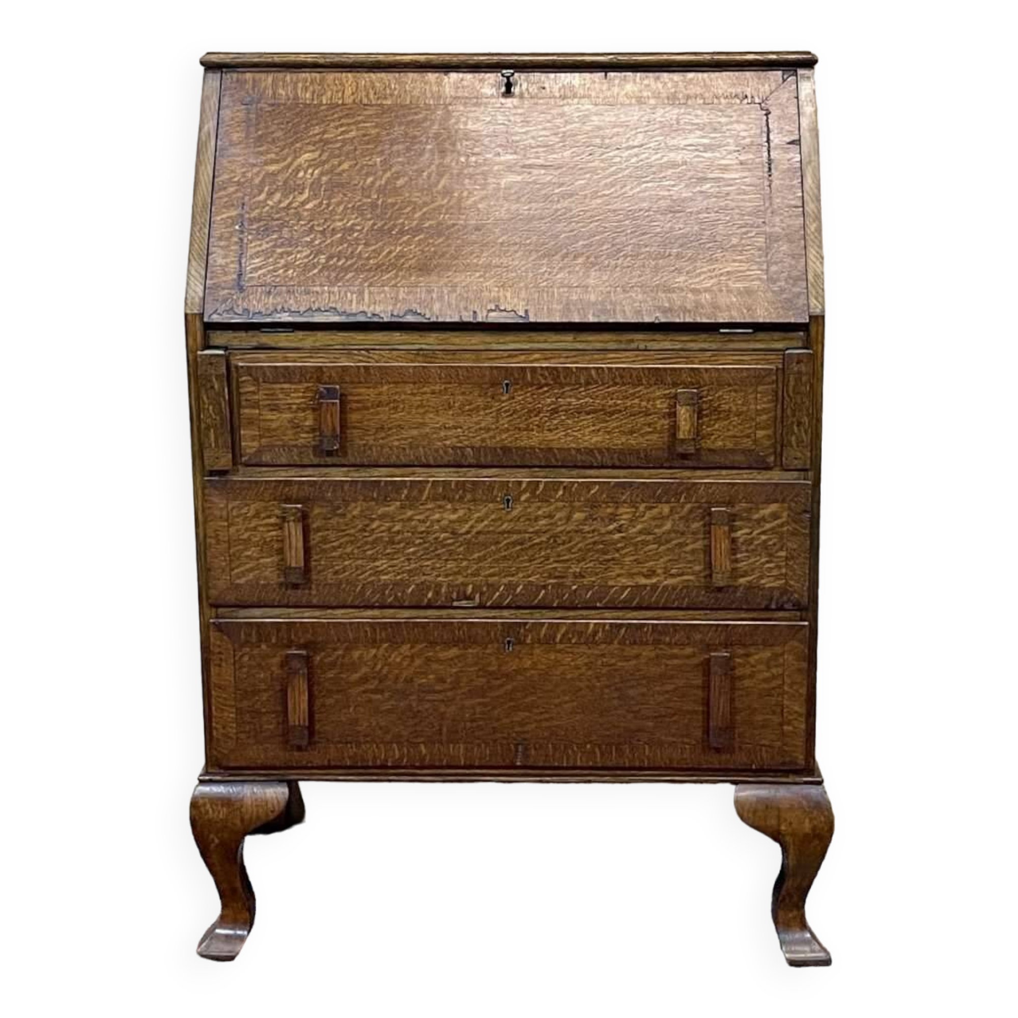 English donkey desk in oak and leather top, 1950s