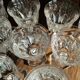 Set of 9 thick glass wine glasses faceted hexagonal foot