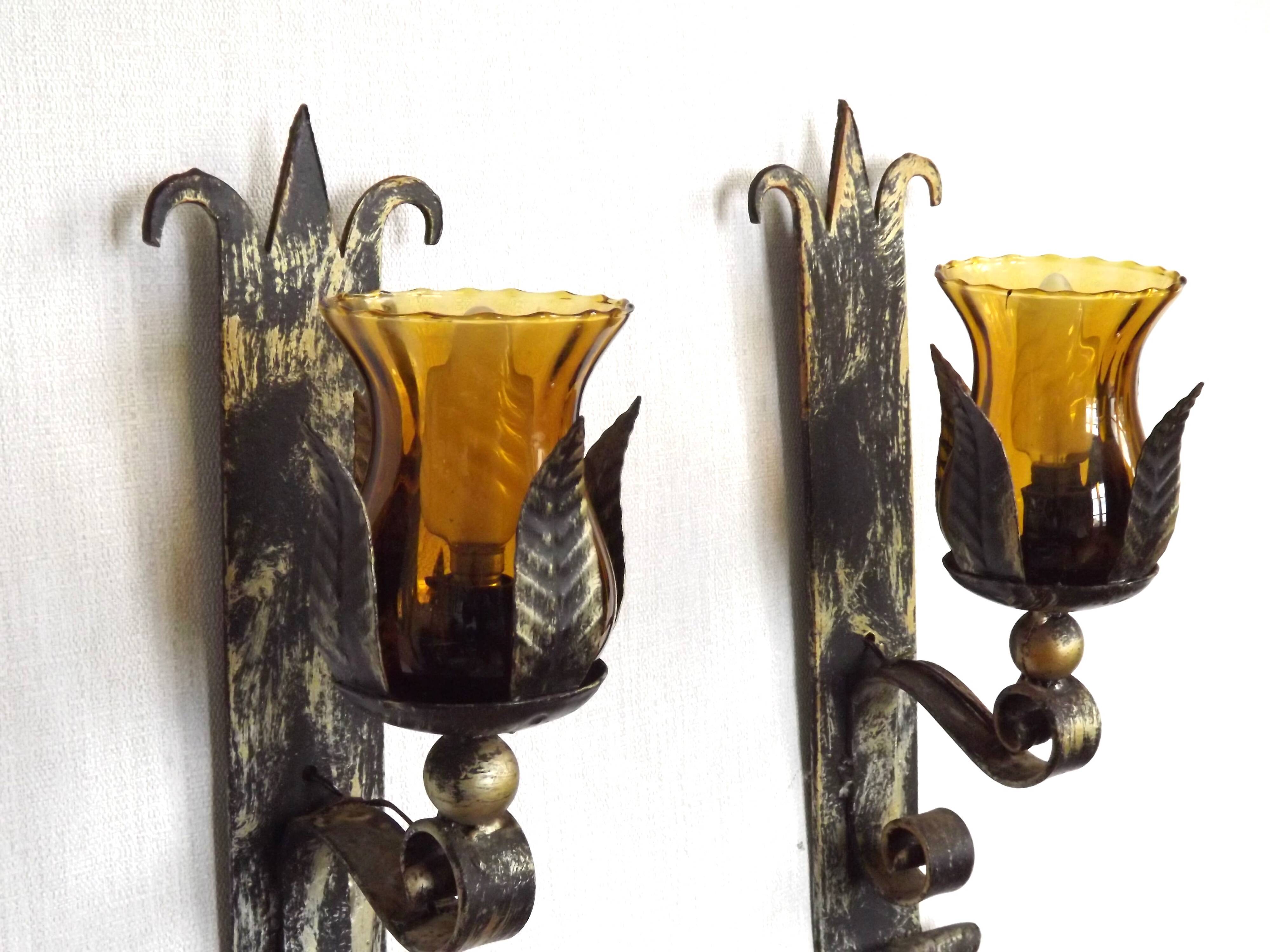 Pair Hand Forged Wrought Iron Medieval Style Wall Lights Amber Glass Shades