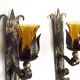 Pair Hand Forged Wrought Iron Medieval Style Wall Lights Amber Glass Shades