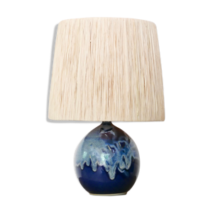 Lampe céramique signée, abat-jour raphia, années 70