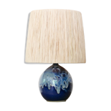 Signed ceramic lamp, raffia lampshade, 70s