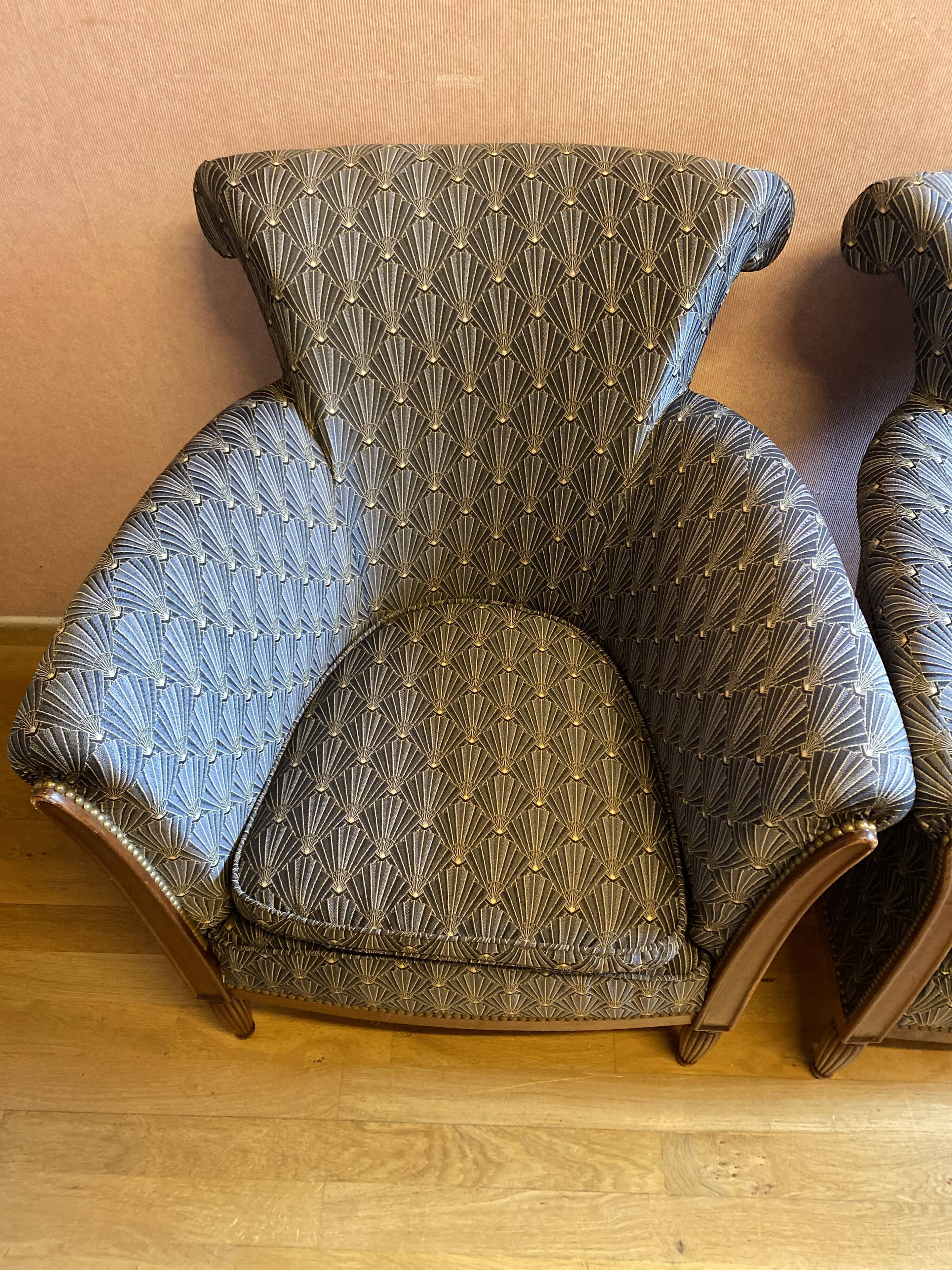 Pair of Art Deco style armchairs, refurbished. Upholstery fabric for armchairs.