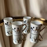 Lot of 4 vintage porcelain espresso cups from France with gold horse decoration – s