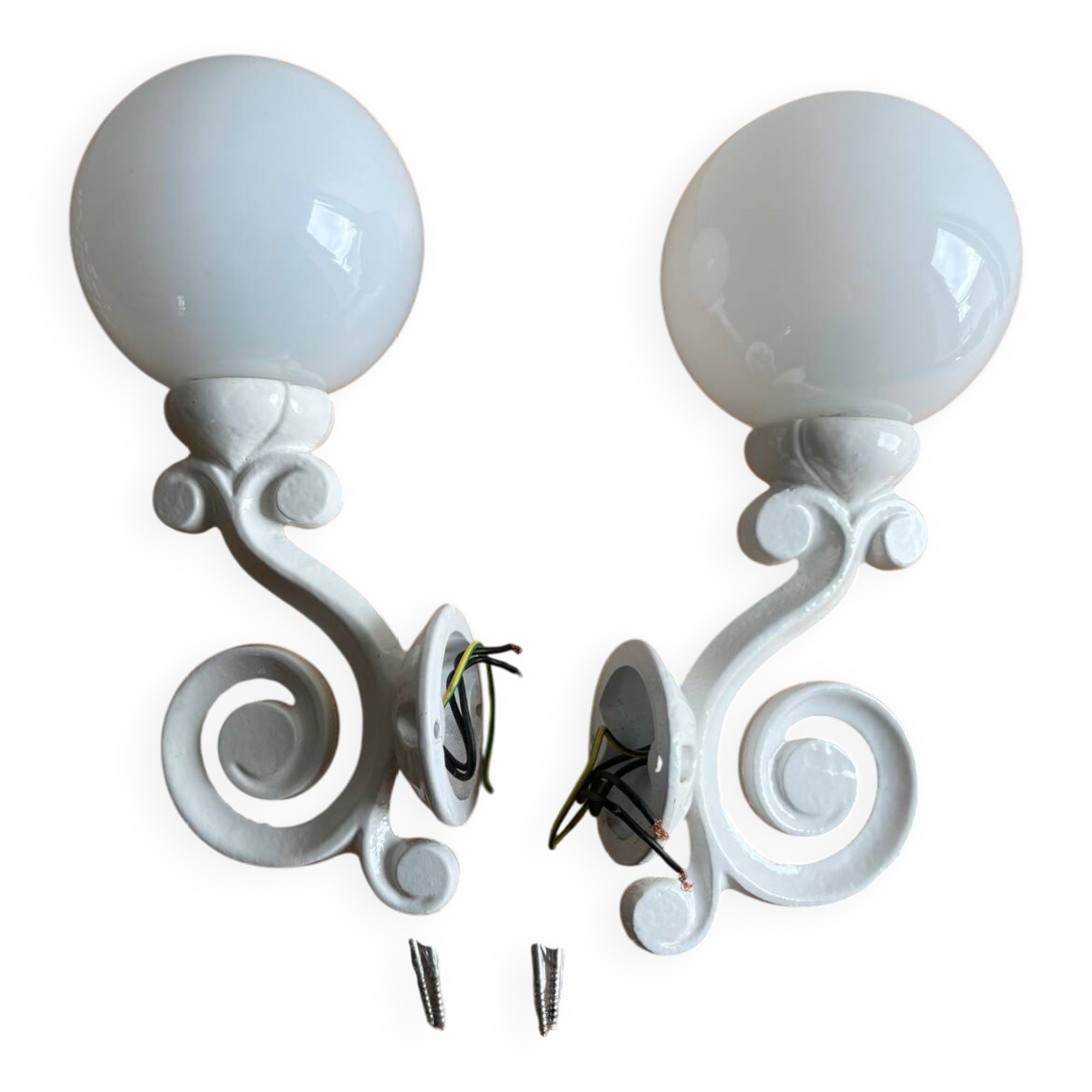 Antique enamelled cast iron wall lights / opaline globe