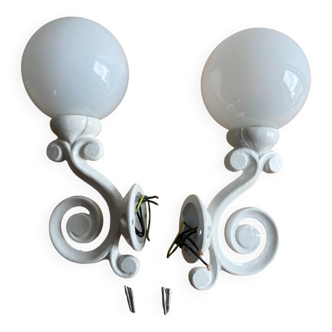 Antique enamelled cast iron wall lights / opaline globe