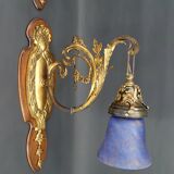 Pair of Rococo / Louis XV wall lights in gilded bronze, walnut bases and glass tulips, France, Circ