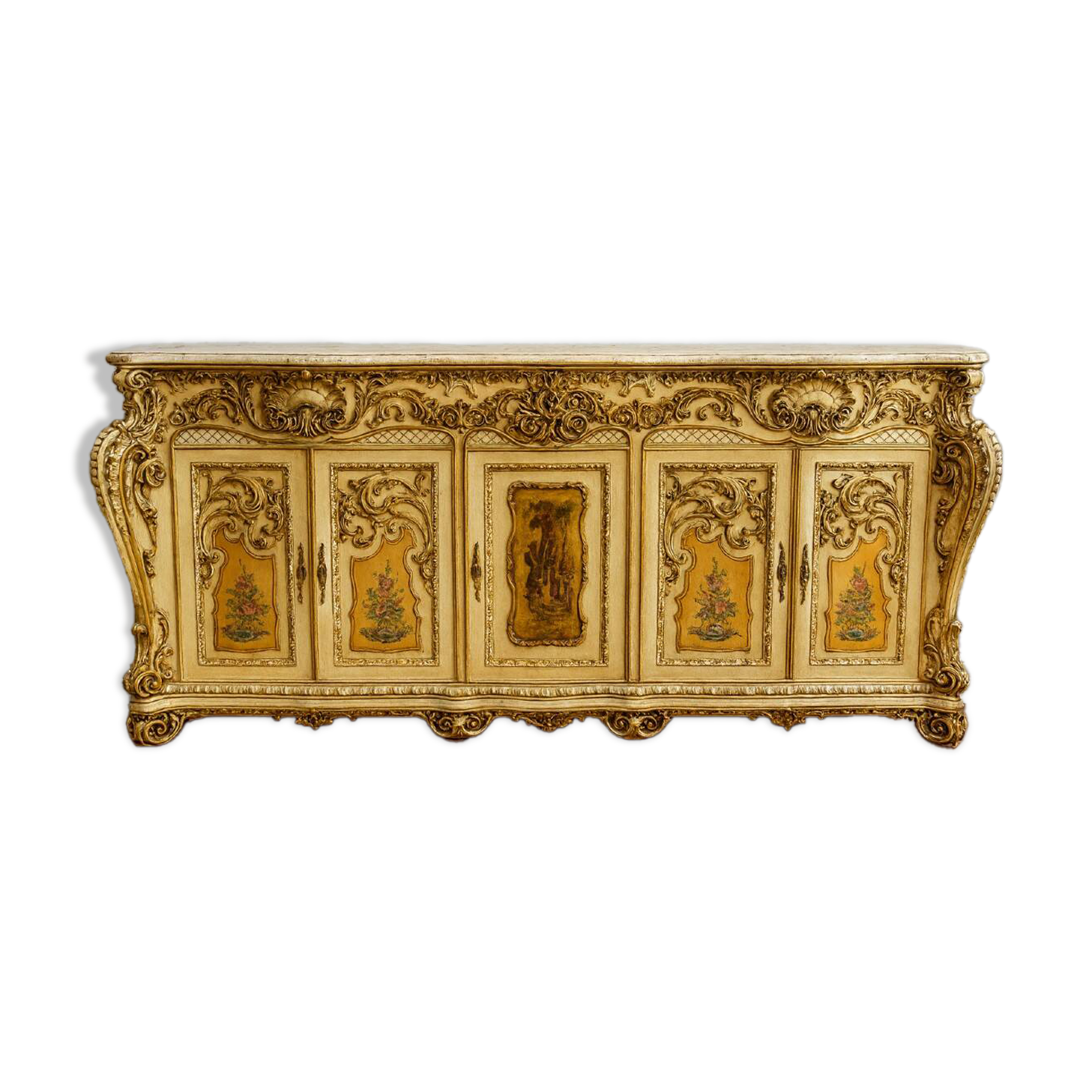 Curved Louis XV Venetian buffet in lacquered, painted, and gilded wood.