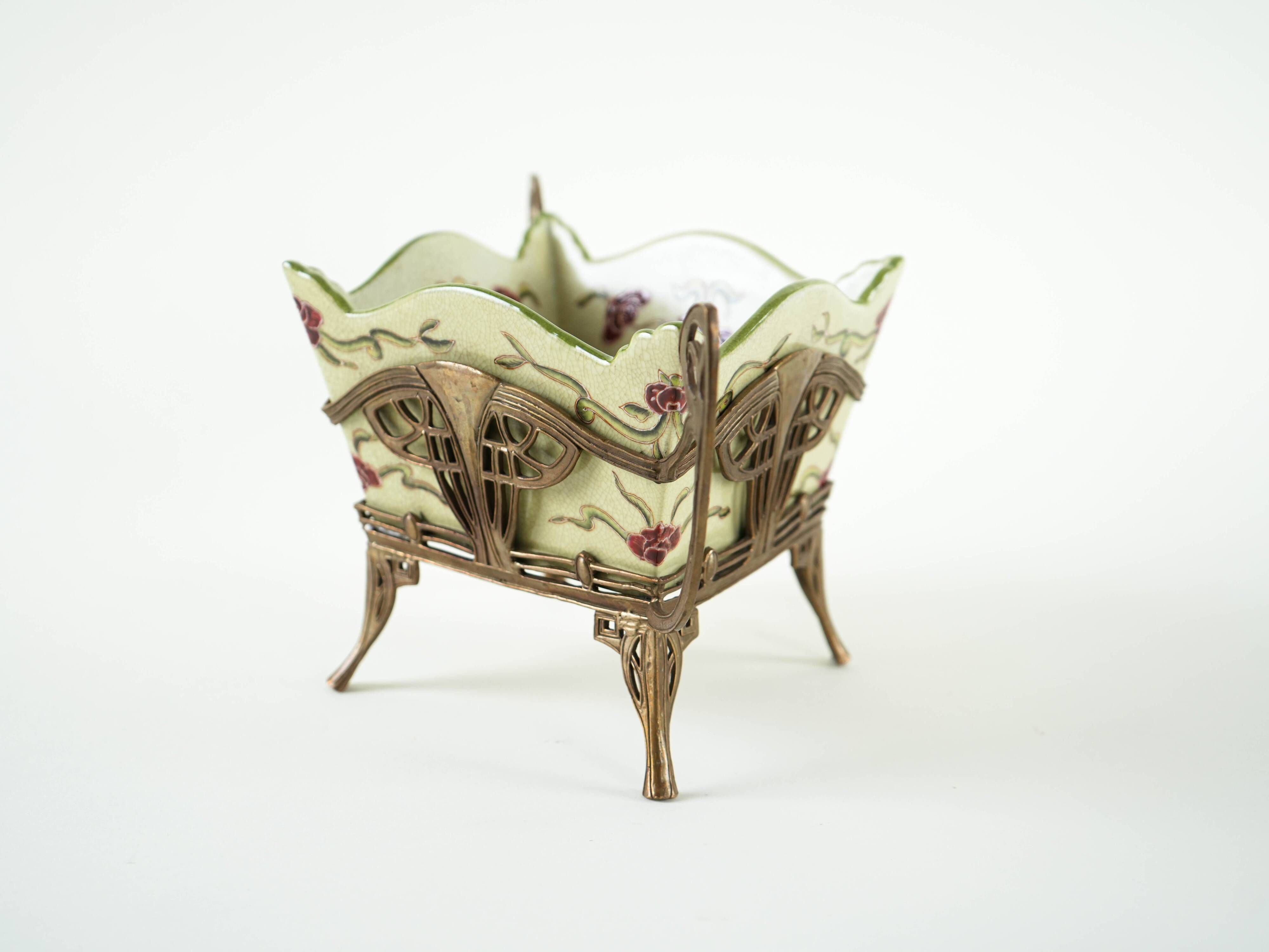 Art Nouveau platter with ceramic insert in ornamental metal frame, European craftsmanship