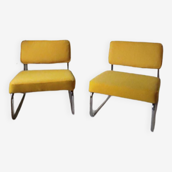 Pair of 70s low chairs with chrome tubing