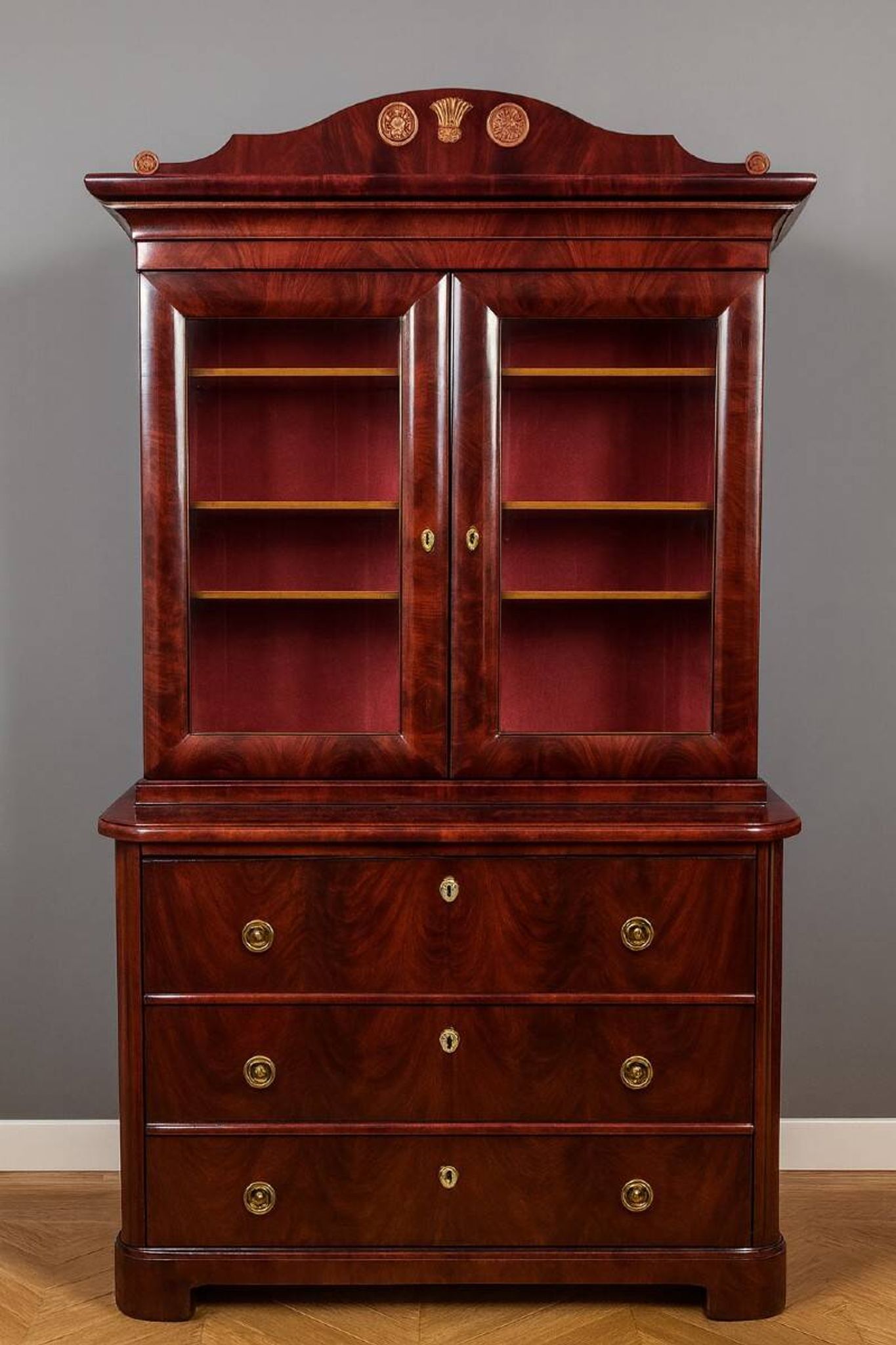 English mahogany library chest of drawers, in Empire or Restoration style.