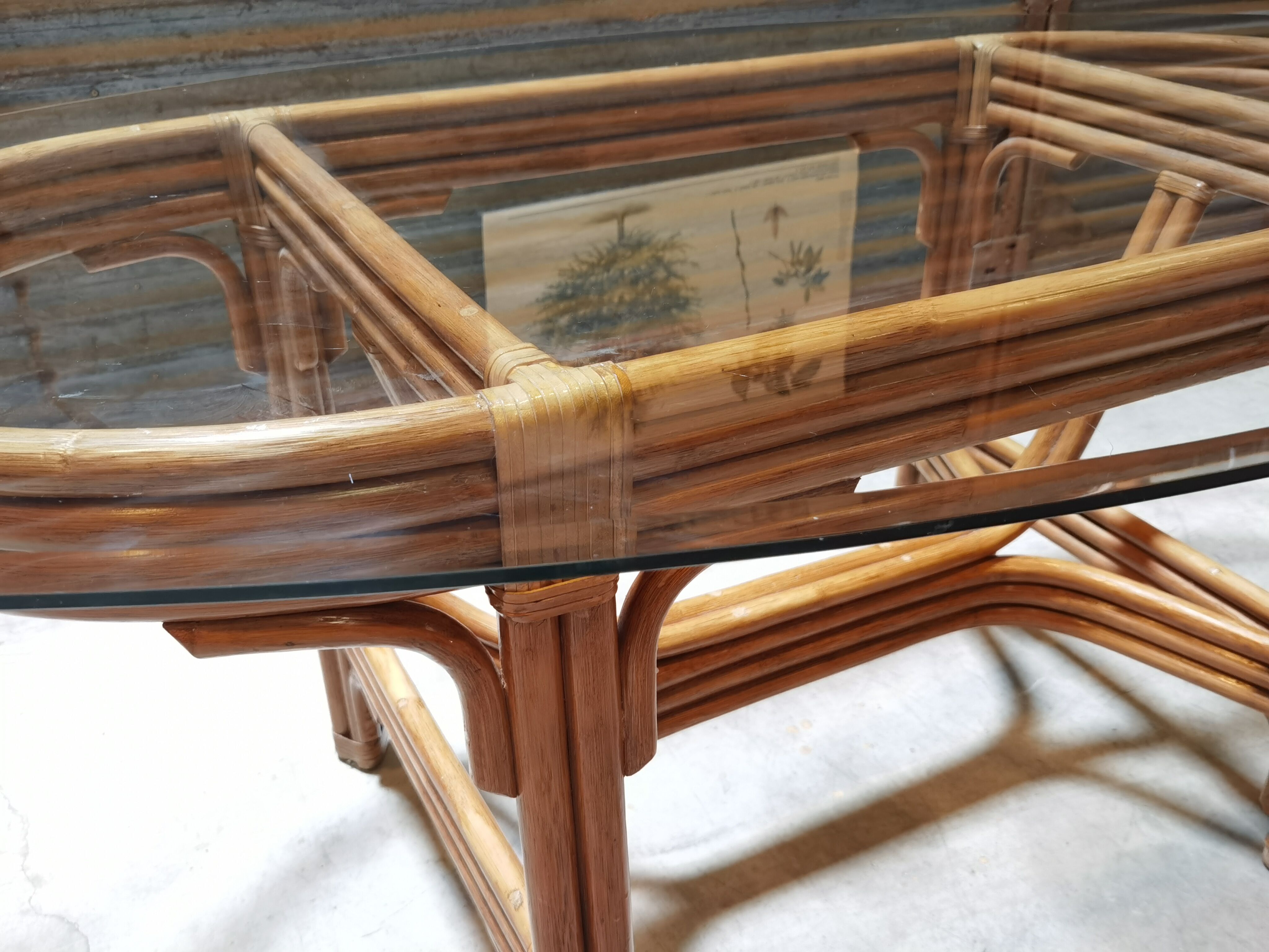 Dining table in rattan and glass 1960