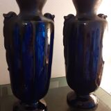 Paire de vases en grés émaillé bleu brillant et glaçure marron. art nouveau.