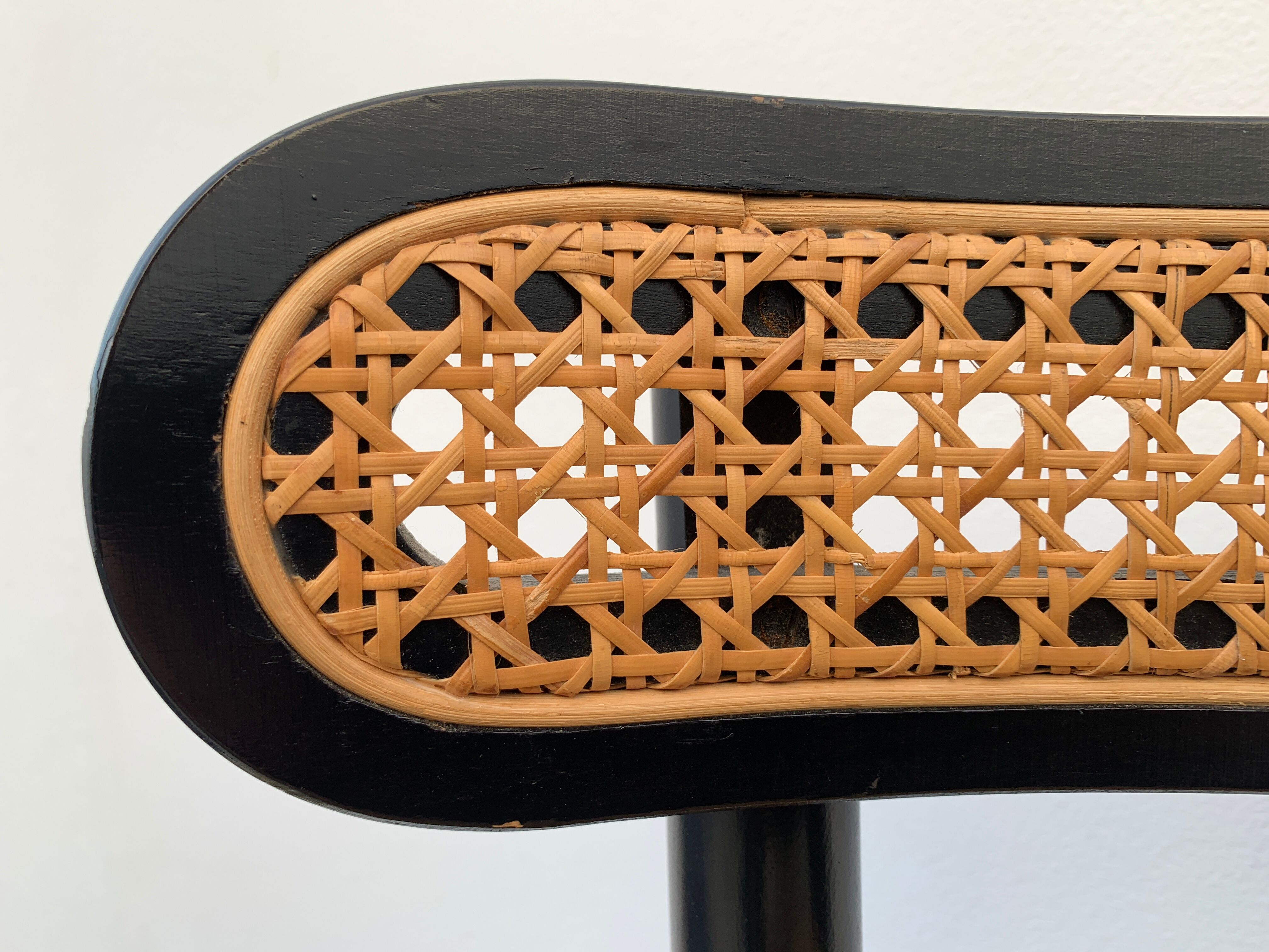 Pair of high canne stools or black curved wooden bar chairs, 1970