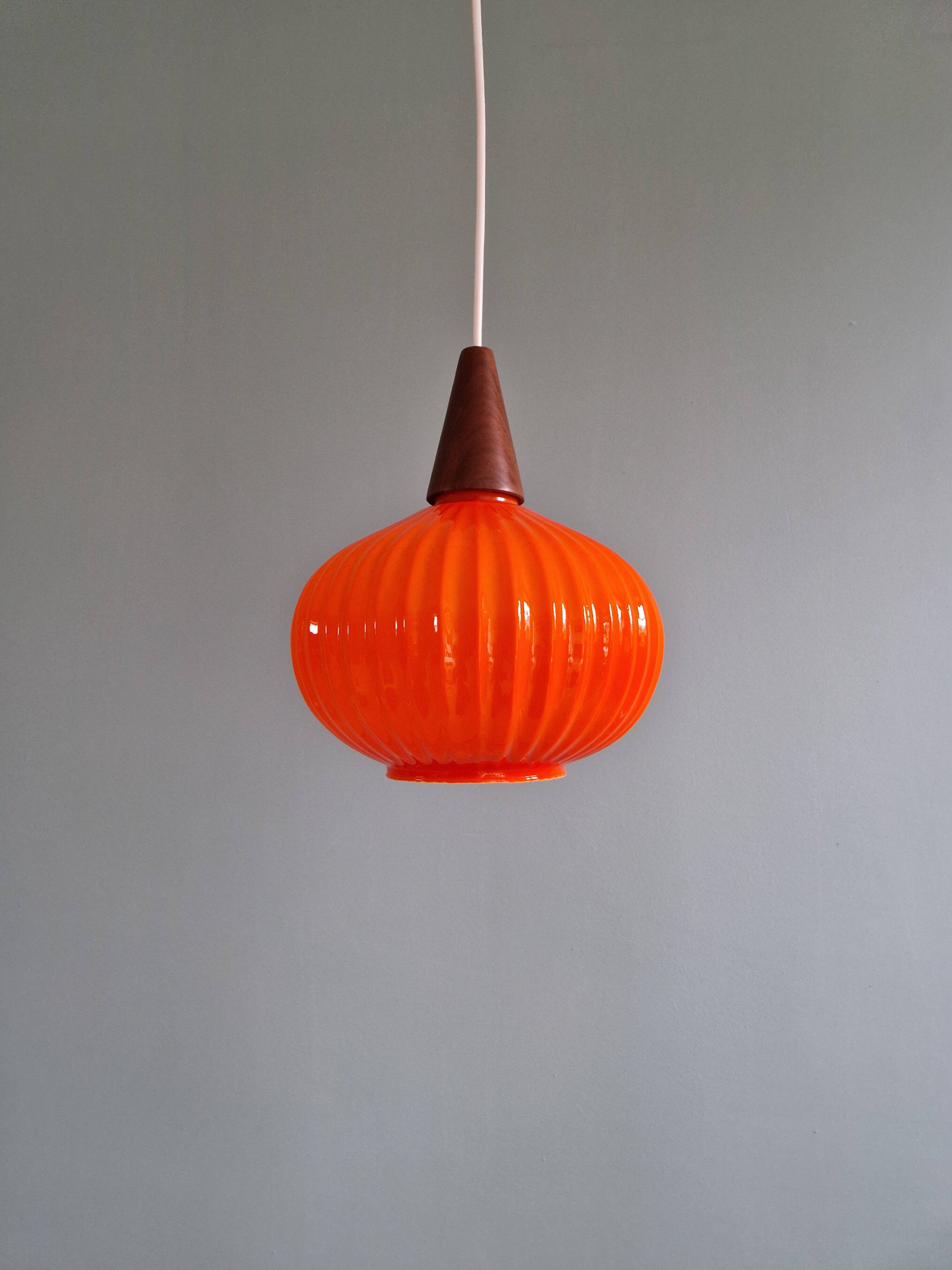 Teak and orange opaline suspension, Scandinavian style, 1960.