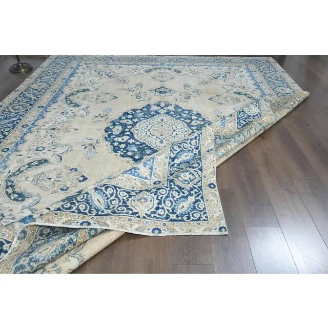 1970s Vintage Persian Handmade Wool Cotton Beige Area Rug 294x398