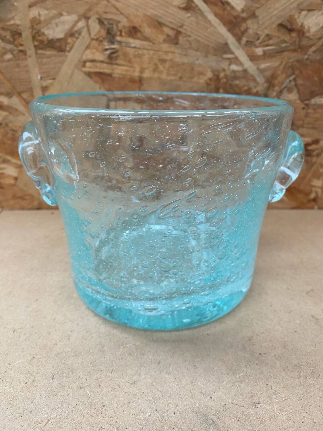Antique BIOT Style Ice Bucket Blue Bubble Blown Glass Vintage #B620