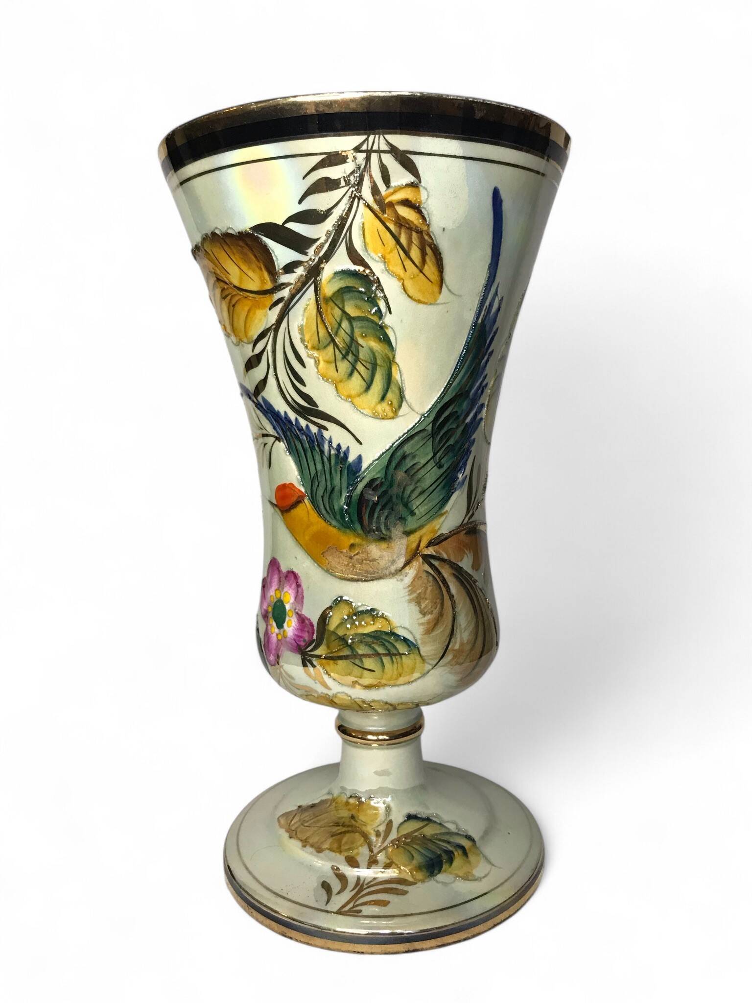 Bequet Quaregnon, pedestal vase with bird decoration circa 1950