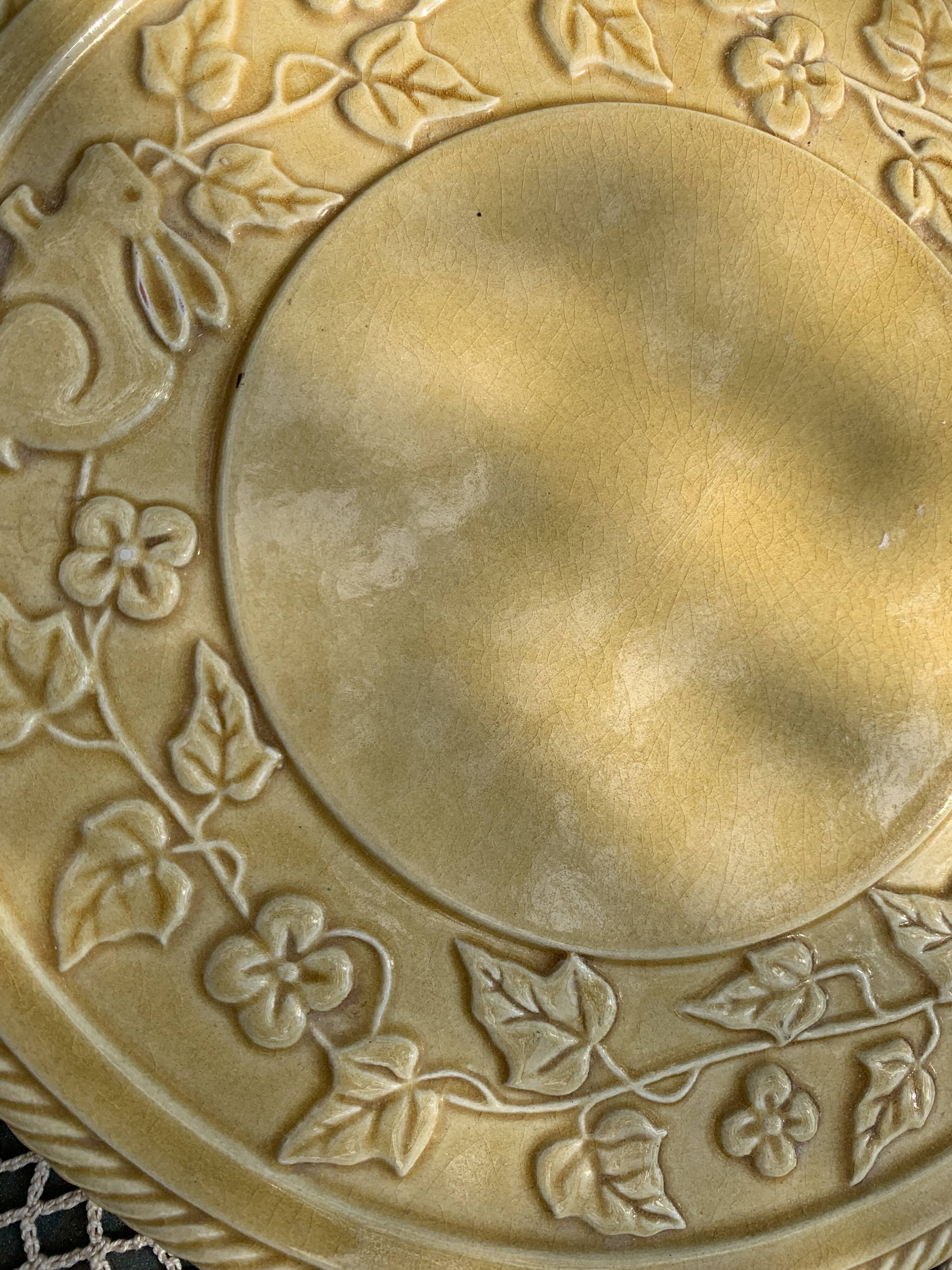 Underside, glazed ceramic, slurry, ivy frieze and rabbit pattern, Vintage