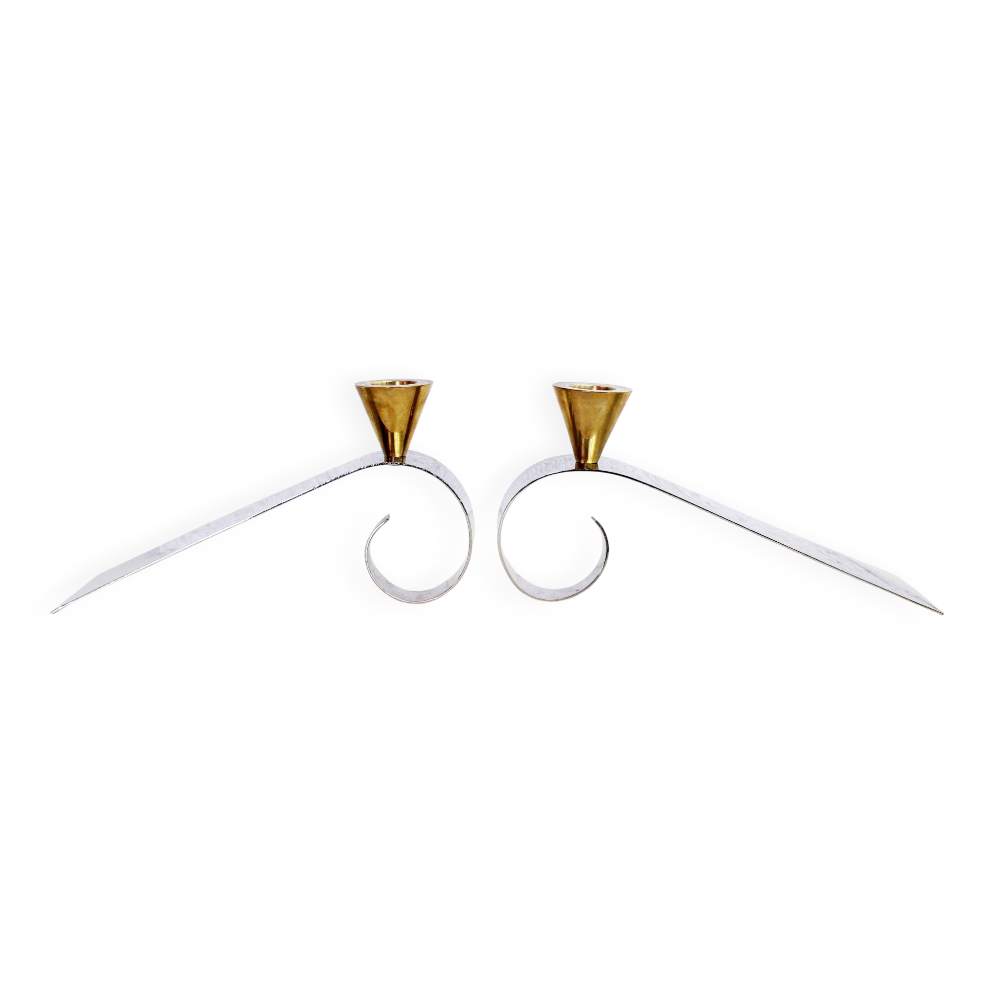 Pair of brass and chrome-plated metal candlesticks