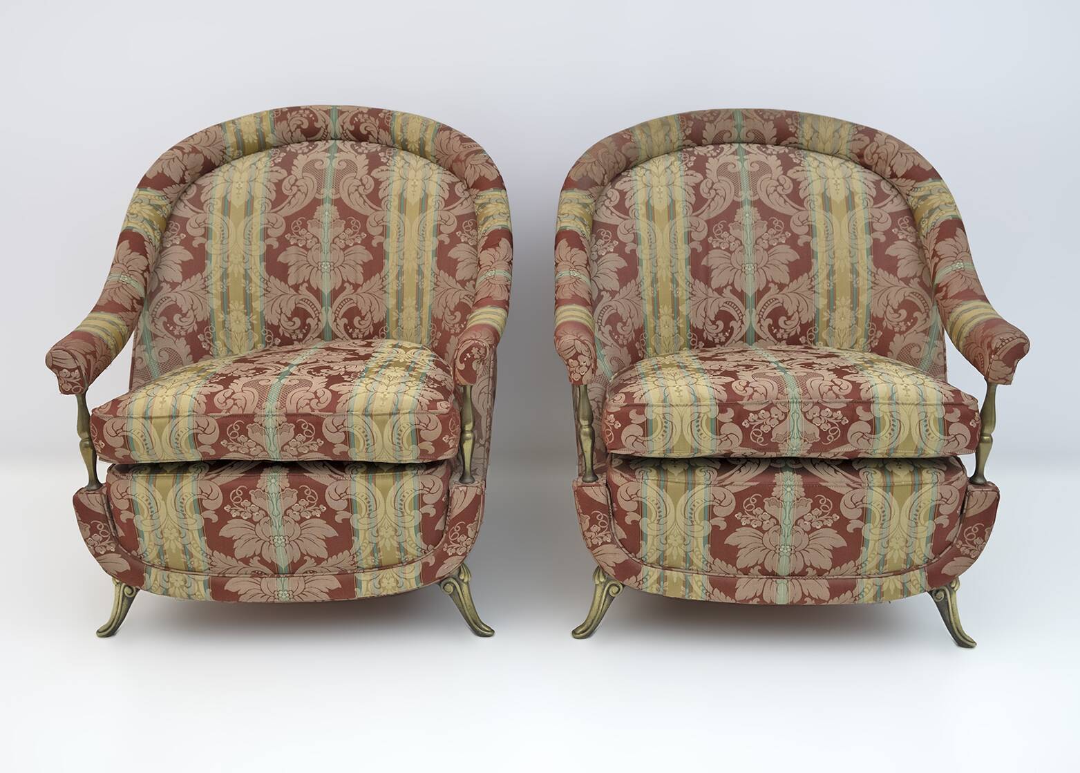 Pair Art Dèco Style French Brass And Fabric Armchairs, 1950s
