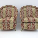 Pair Art Dèco Style French Brass And Fabric Armchairs, 1950s