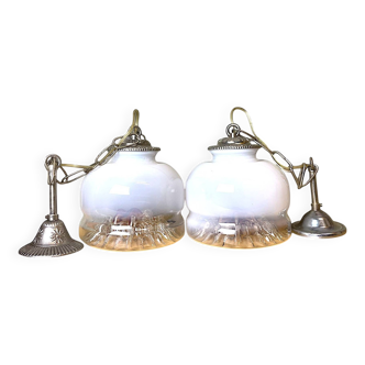 Pair Mazzega style hand painted glass hanging lamps