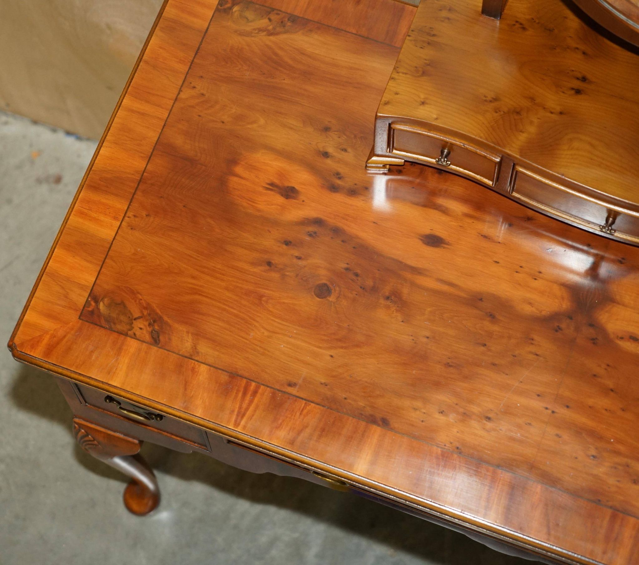 Vintage English walnut burr dressing table with mirror and chair.