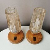 Lampes en bois avec capot en verre doré, années 70