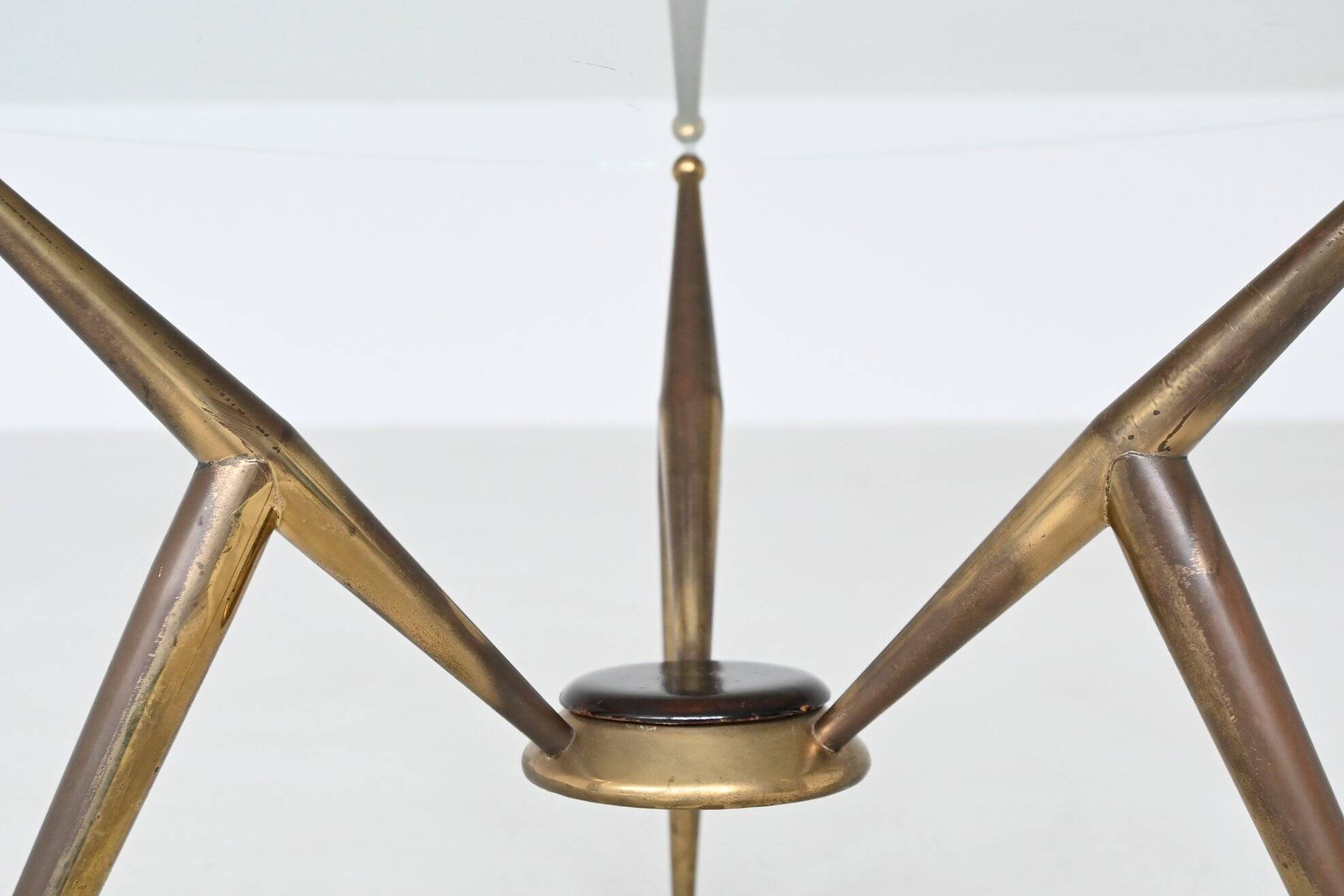 Italian tripod triangle coffee table brass and glass Italy 1950