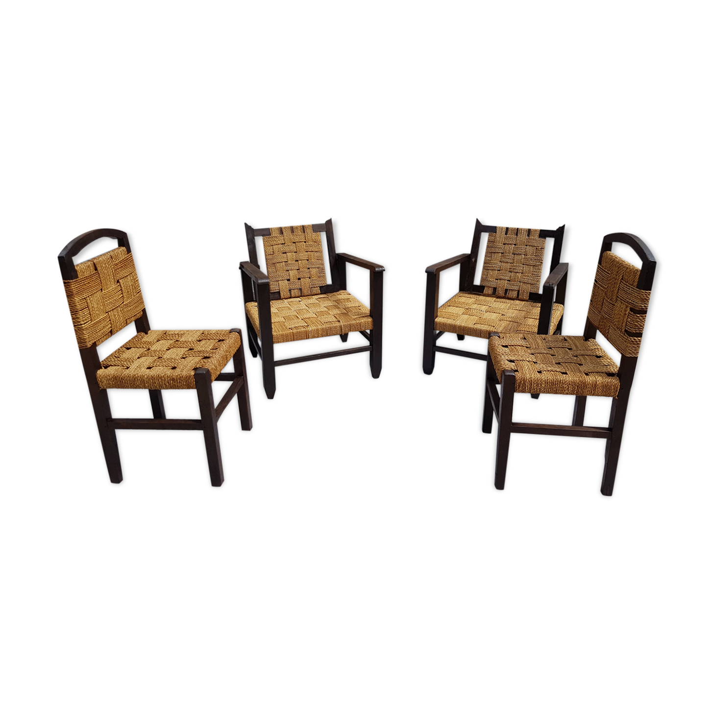 Set of chairs and armchairs from 1940, wood and woven vegetable rope