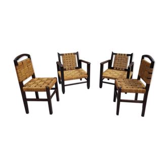 Set of chairs and armchairs from 1940, wood and woven vegetable rope