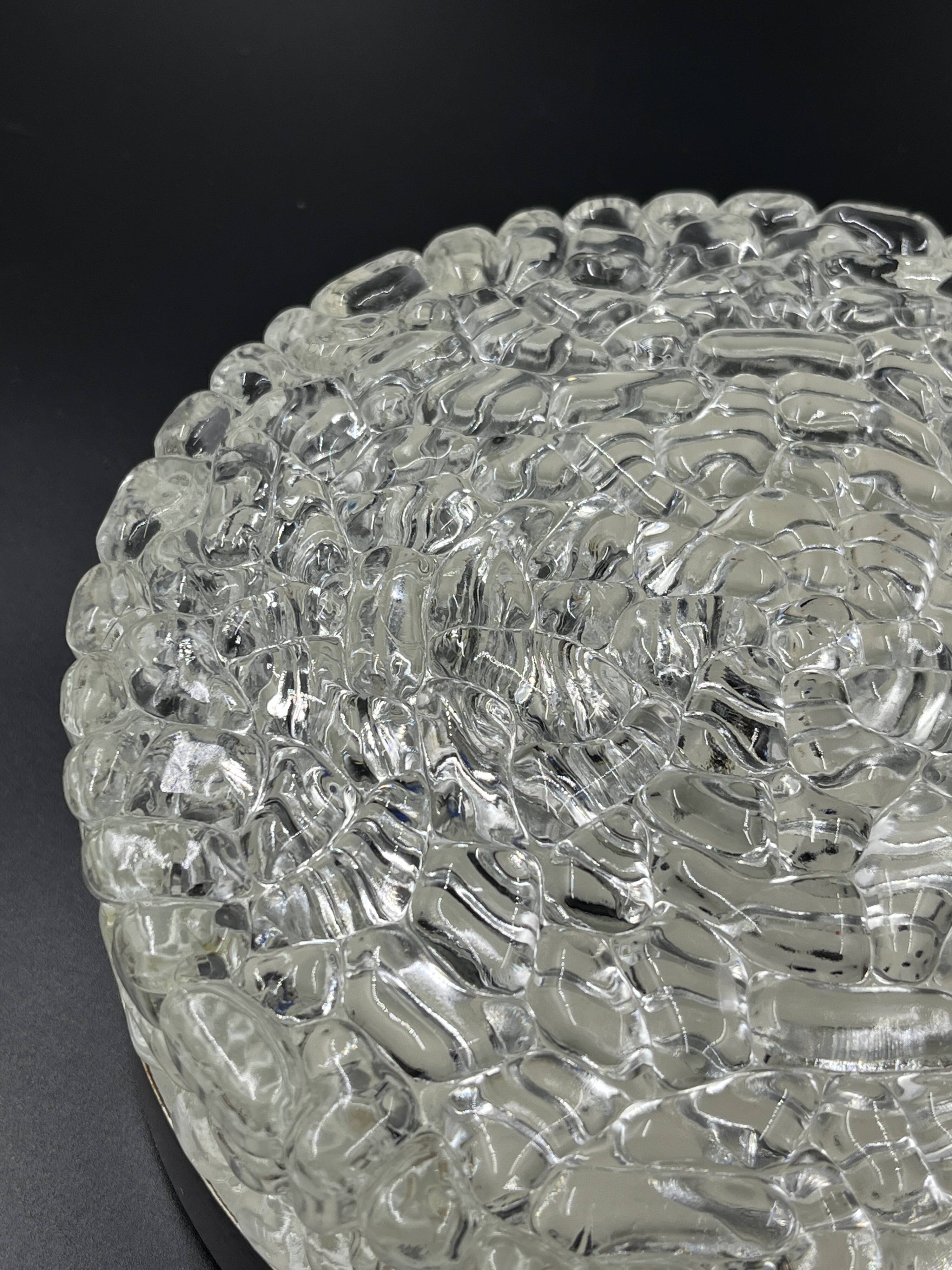 Vintage glacier glass Brutalist round ceiling light.