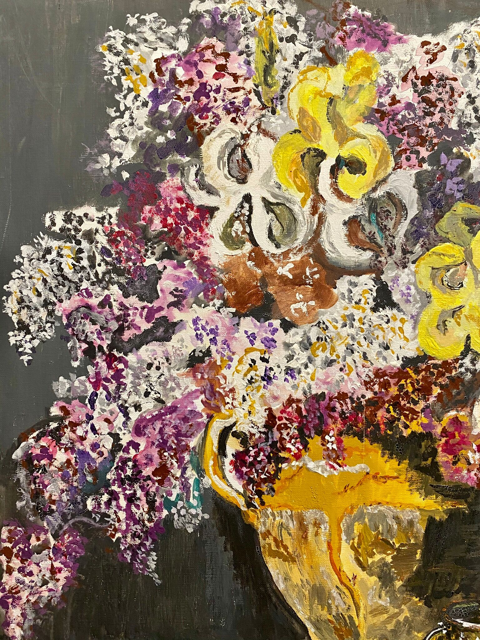 Ancient painting, still life with lilas and iris signed Bonnefond 70s