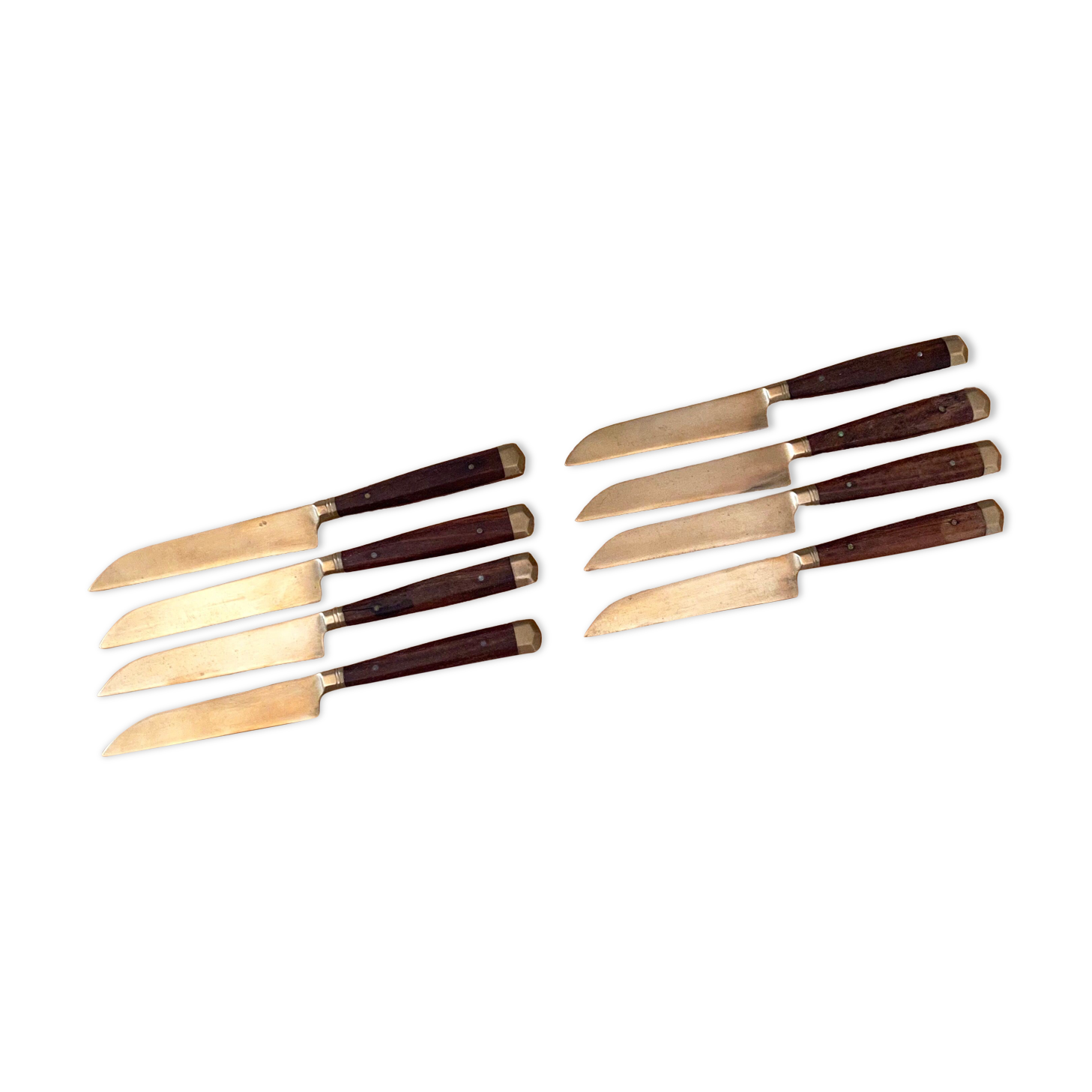 8 Vintage Knives, Antique Fruit Knives, Wooden Knife Set, Brass, Mid Century Cutlery.