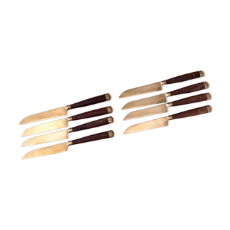 8 Vintage Knives, Antique Fruit Knives, Wooden Knife Set, Brass, Mid Century Cutlery.