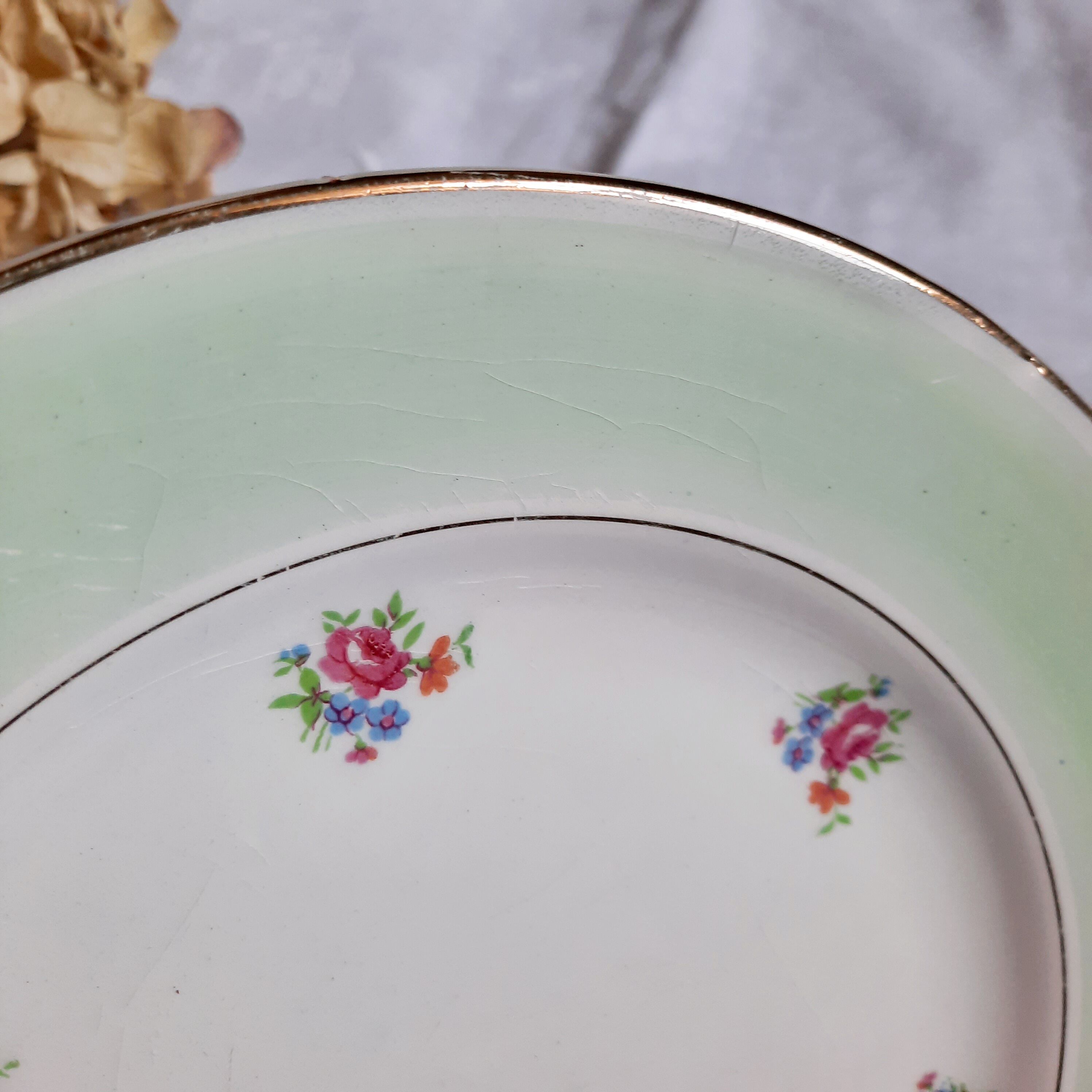 Flat antique earthenware plates with gilded edges