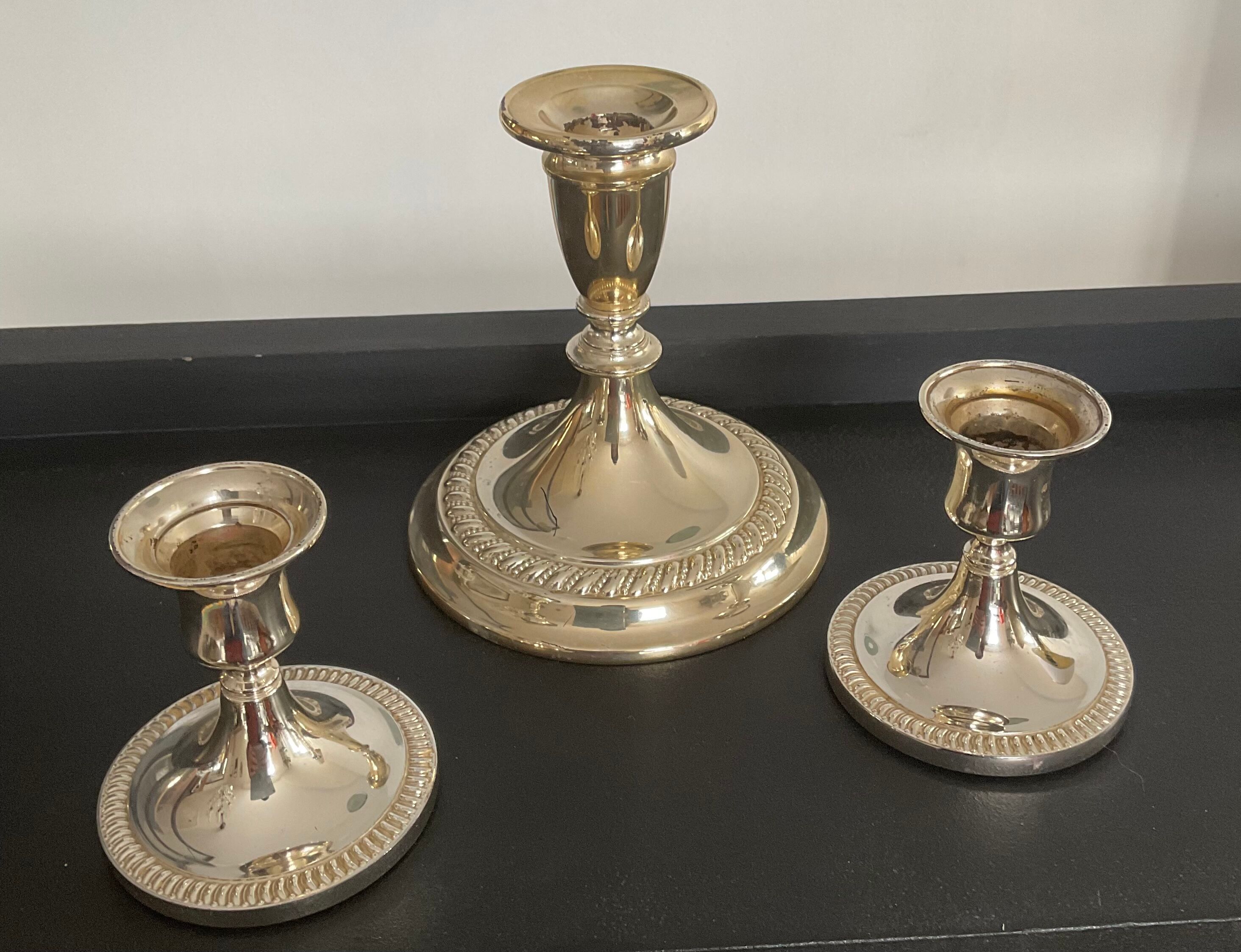 Series of 3 vintage candle holders in silver metal 70s