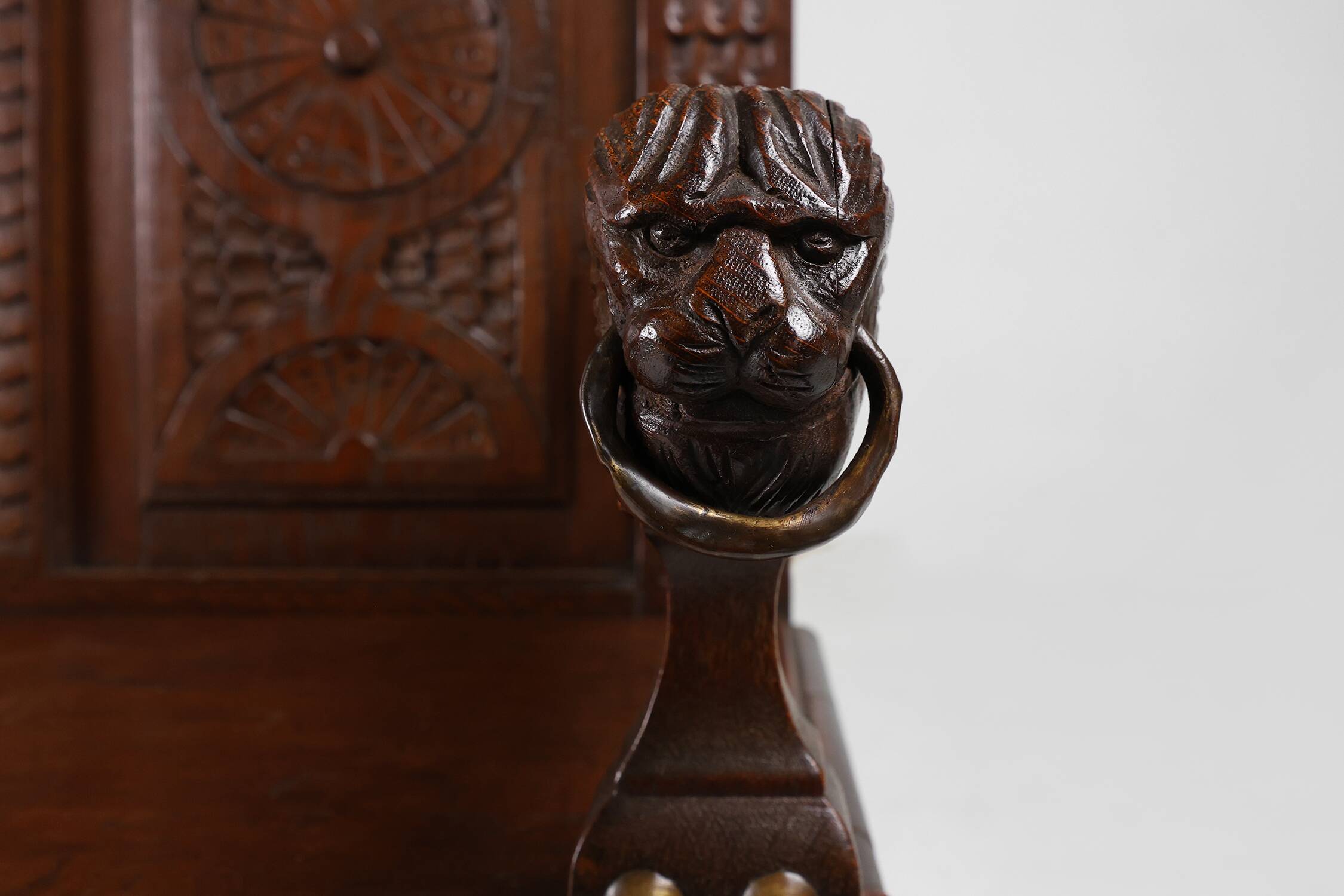 Antique French 18th Century Gothic Style Oak Carved High Back Panel Settle