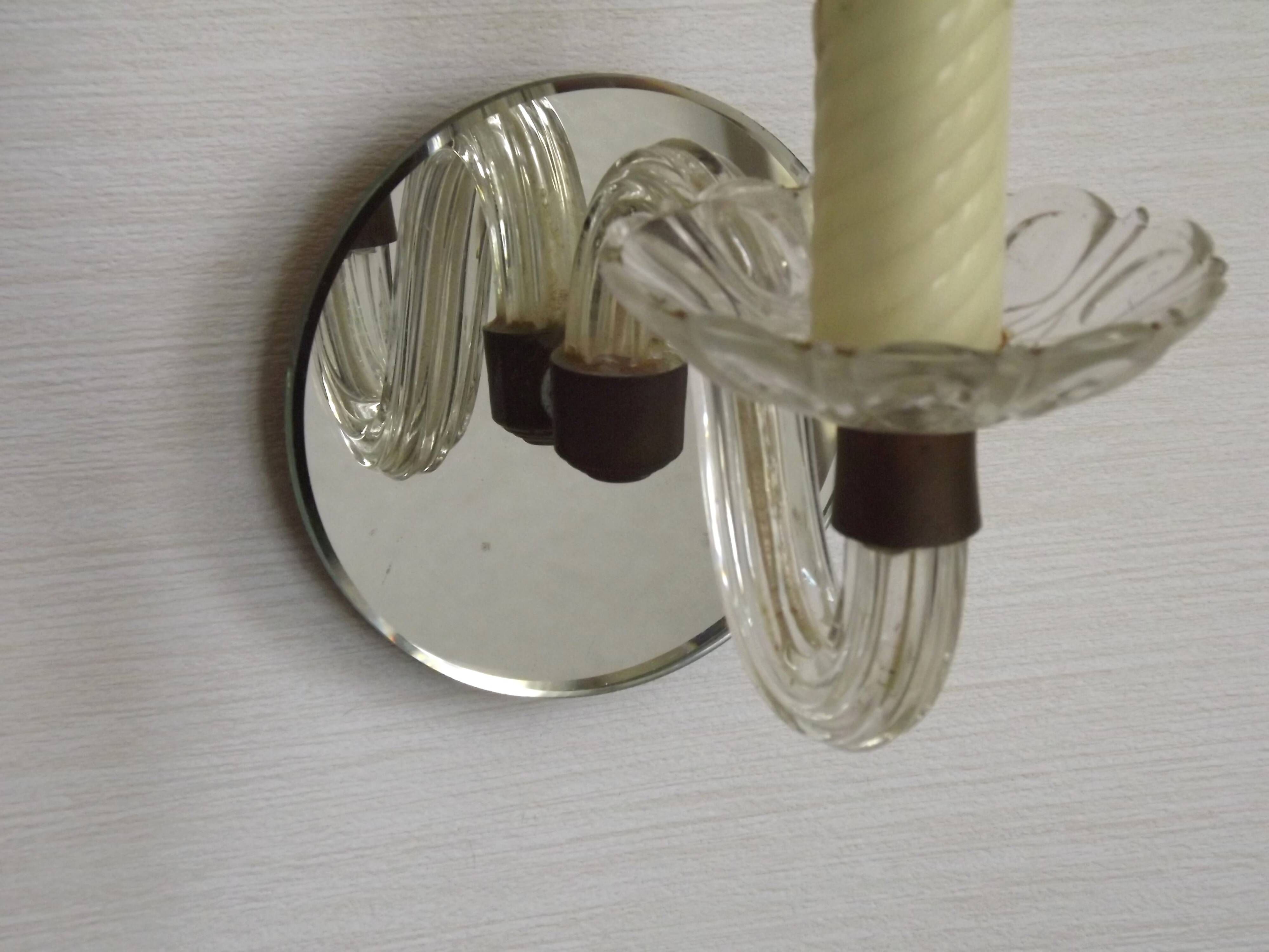 French Vintage Small Mirrored Backplate Wall Sconce Glass Arm & Bobeche