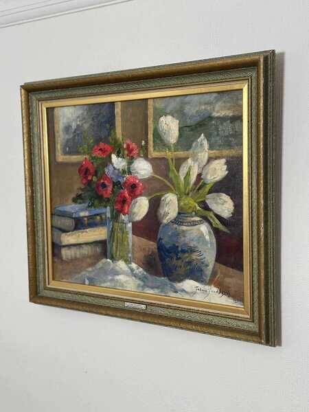 Original early century Swedish oil on canvas – "Tulips and Poppies" by Johan Jacobsson – vintage & framed 68 × 80 cm (26.8" × 31.5")