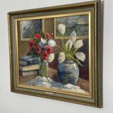 Original early century Swedish oil on canvas – "Tulips and Poppies" by Johan Jacobsson – vintage & framed 68 × 80 cm (26.8" × 31.5")